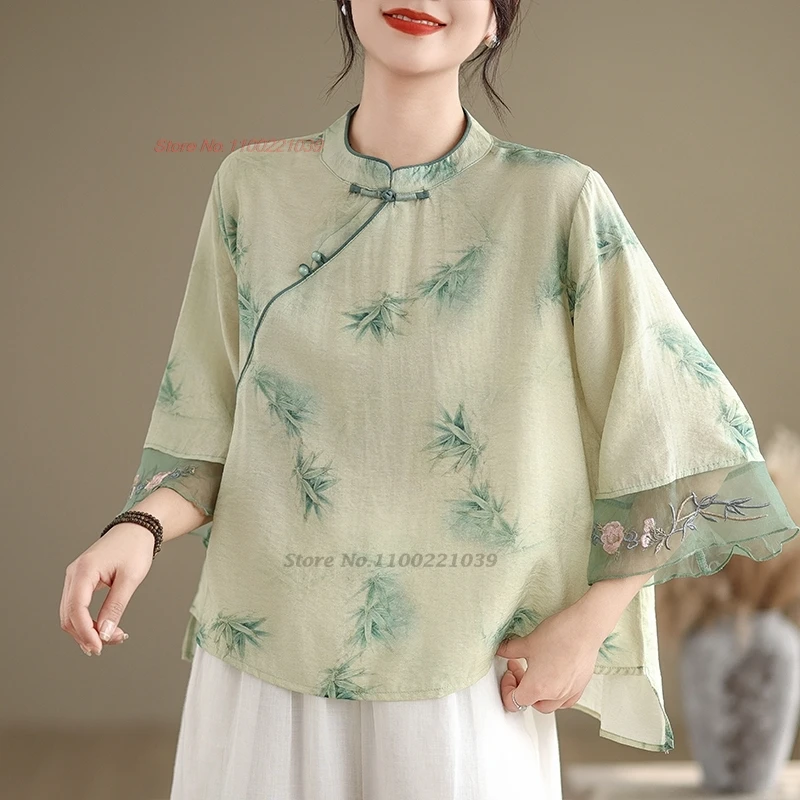 

2024 chinese vintage hanfu tops national flower print embroidery improved qipao blouse oriental cotton linen ethnic folk blouse