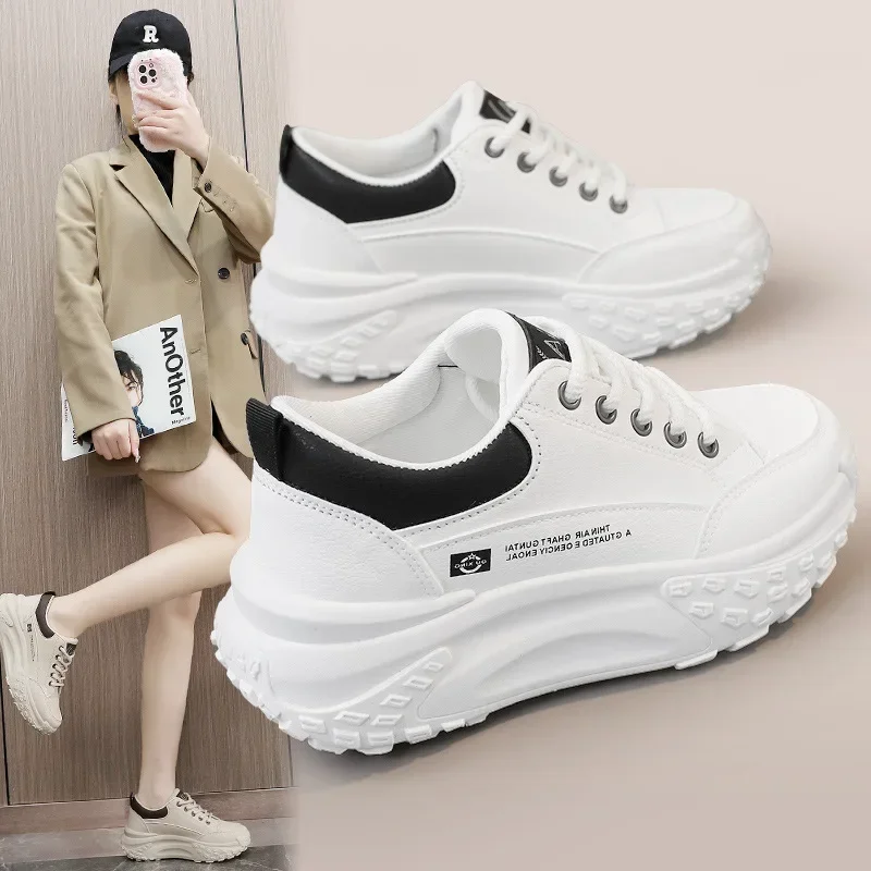 

New 2024 Spring/Summer Heightened Thick-soled Women's Shoes Casual Color-Blocked Round Toe Sneakers Leather Wear-Resistant Trend