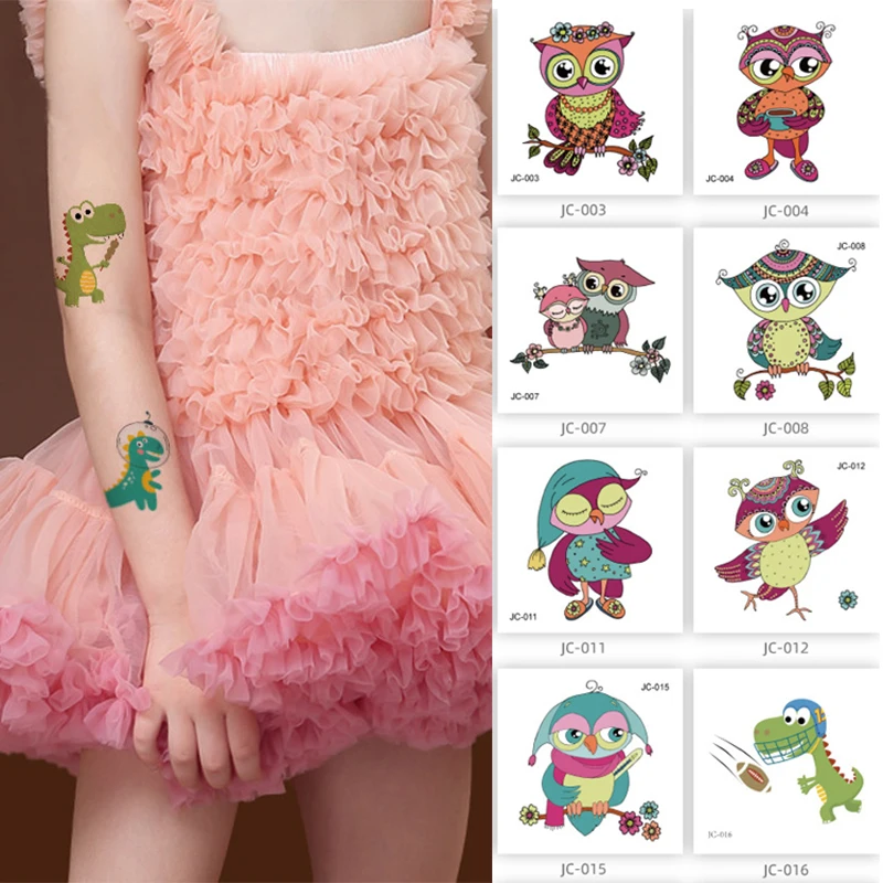 

Animal World Temporary Tattoos Stickers Watercolor Owl Dinosaur Fake Tattoos Beauty Cartoon Kids Girls Boys Tattos Body Arm Art