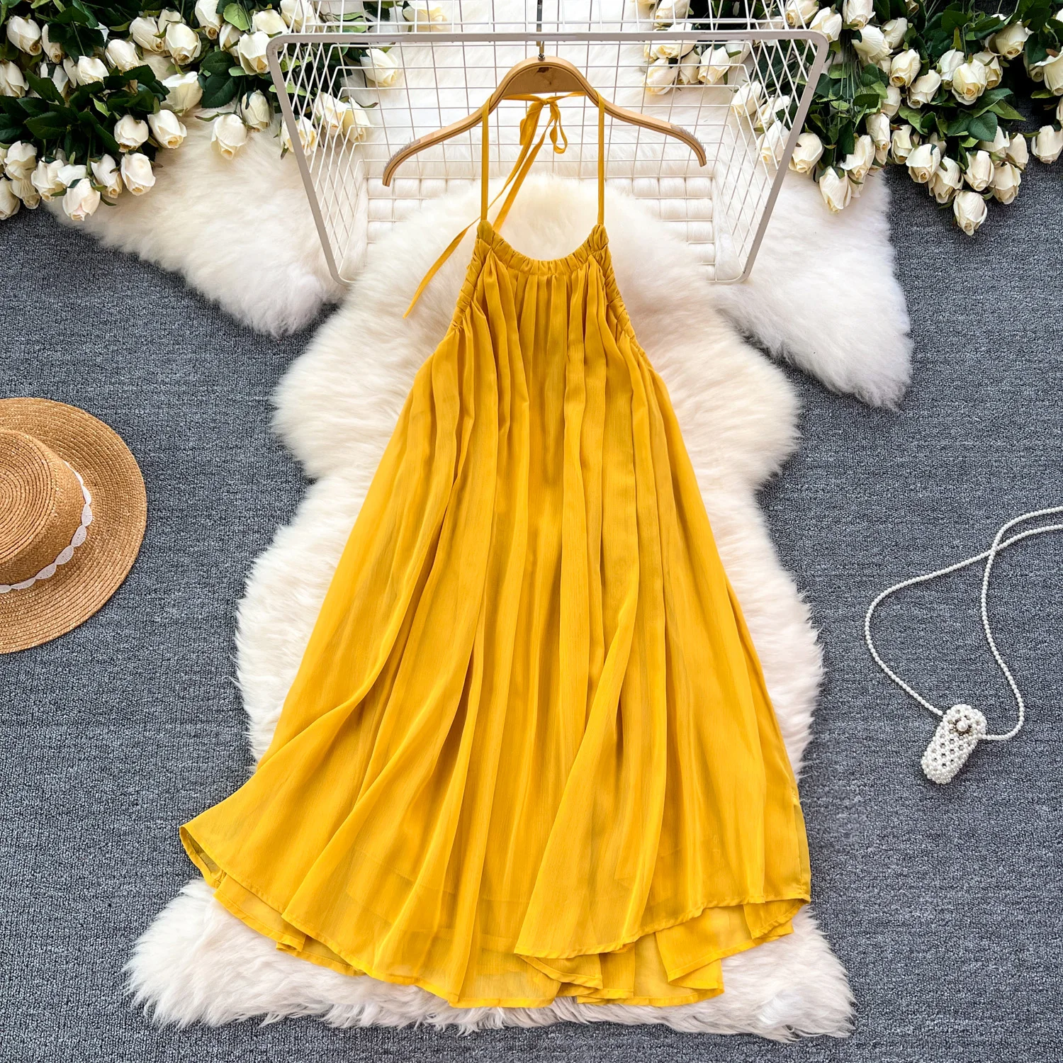 

Chic Hollow Out Backless Elegant Loose Halter Dress Beach Casual Vacation Sleeveless A-line Vestidos Summer Women