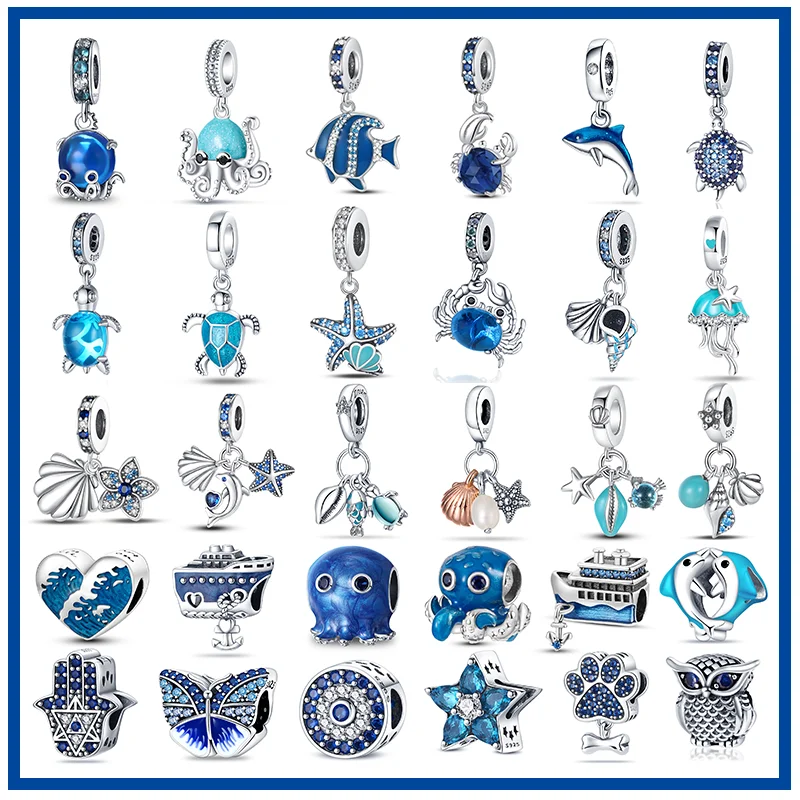

925 sterling silver fashion ocean series blue series charm beads suitable for Pandora original bracelet DIY jewelry gift making
