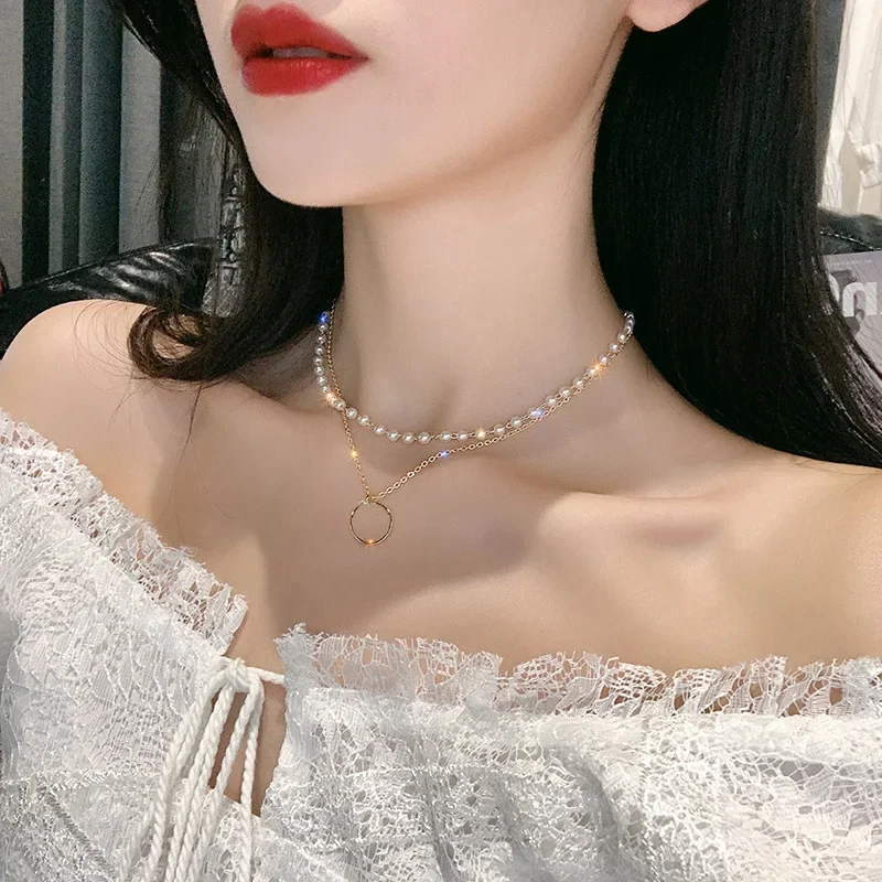 

New Necklace 2024 Imitation Pearl Round Ring Pendant Necklace Double-layered Collarbone Chain Neck Chain Choker Jewelry Collares