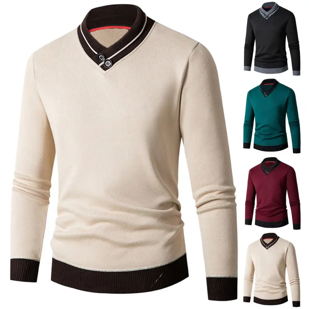 

Color-blocking Sweater Men's V Neck Knitted Sweater with Thick Elastic Warmth Slim Fit Pullover in Contrast Colors for Autumn