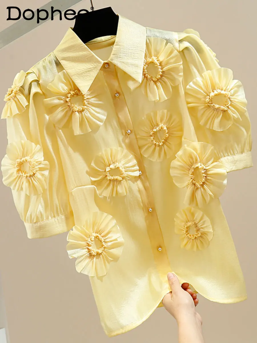 Sweet Tridimensional Flower Vintage Puff Short Sleeve Shirt Women's Spring and Summer New Polo Collar Single-Breasted Blusas Top
Sweet Tridimensional Flower Vintage Puff Short Sleeve Shirt Women's Spring and Summer New Polo Collar Single-Breasted Blusas Top