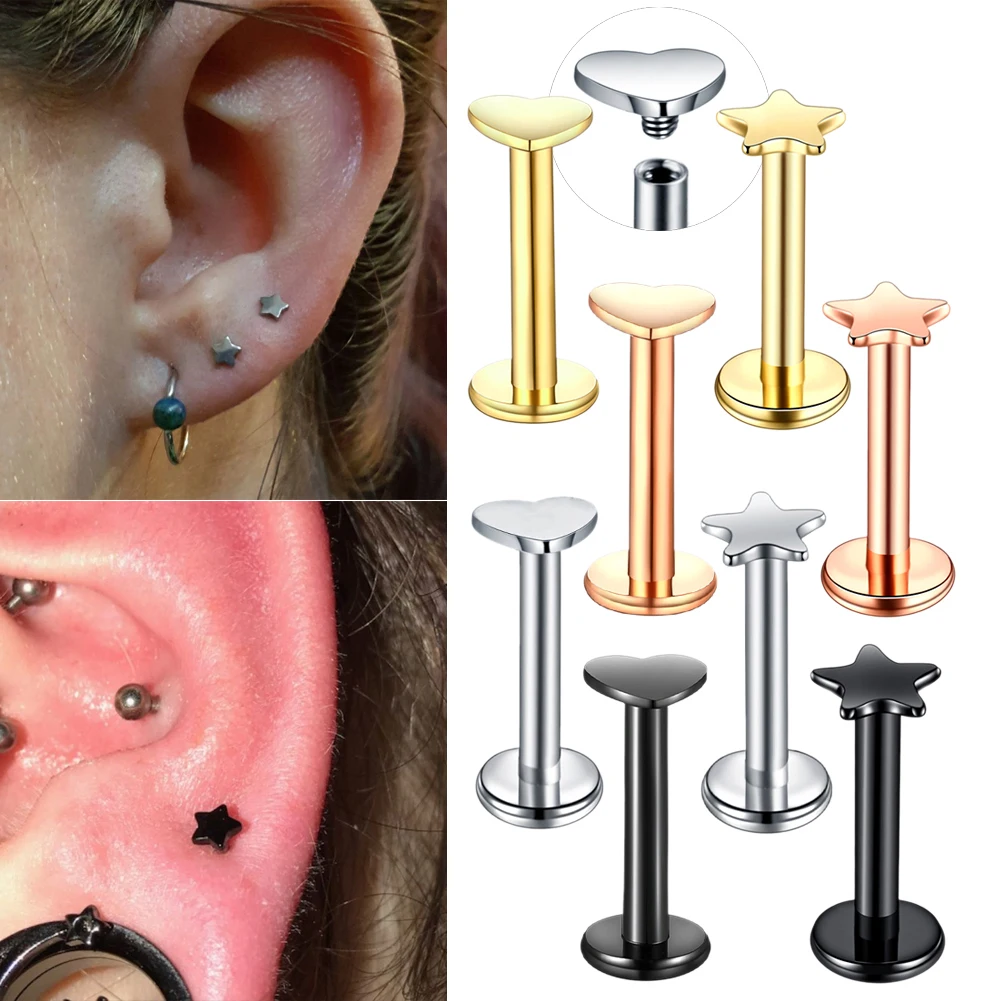 

1Pc 16G Stainless Steel Labret Stud Earring Star Heart Lip Bar Ear Cartilage Tragus Piercings Helix Conch Piercing Jewelry