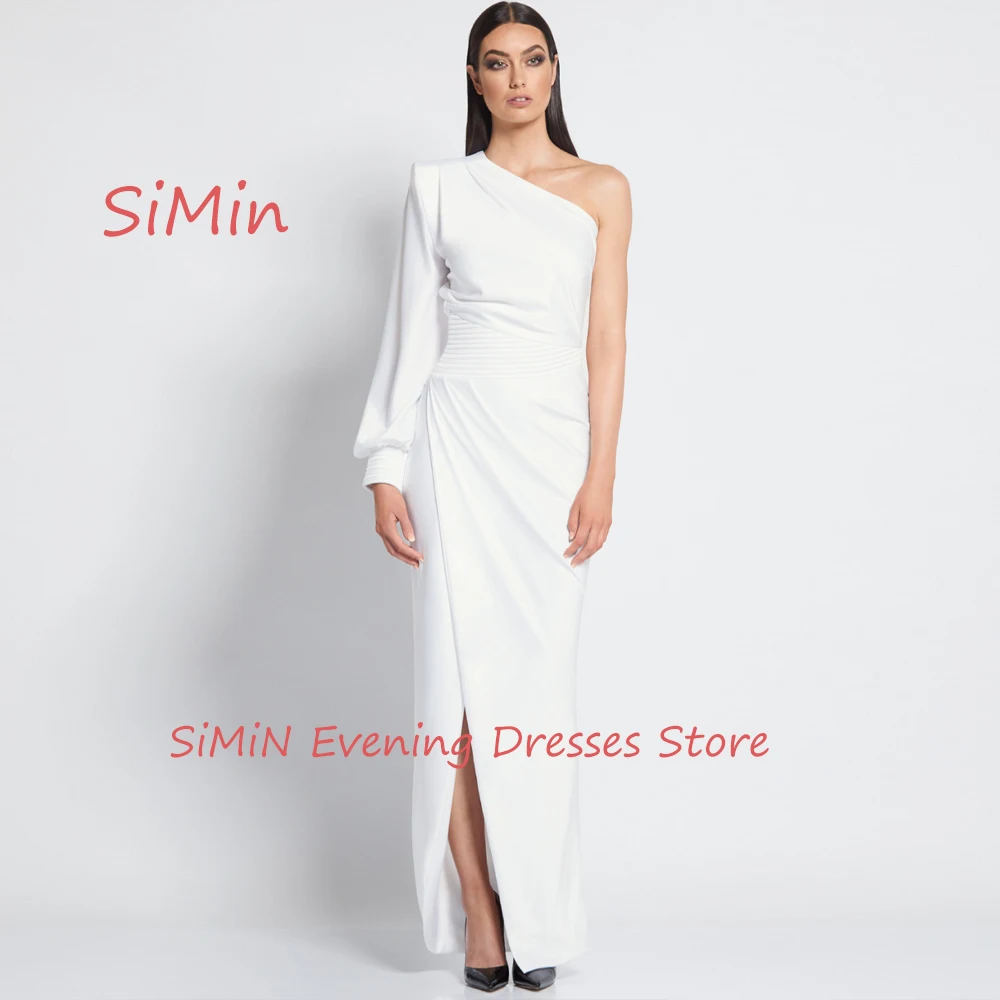 

Simin Crepe One-shoulder Saudi Mermaid Long Sleeves Ruffle Simple Ankle-Length Arab Evening Party dresses for women 2024