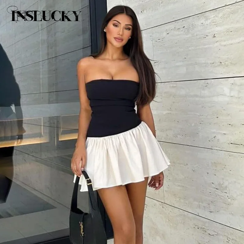 

InsLucky-Sexy Strapless One Shoulder Skinny Mini Dress Women Folds Slim Patchwork Pleated Dresses Fashion Sexy Elegant Female