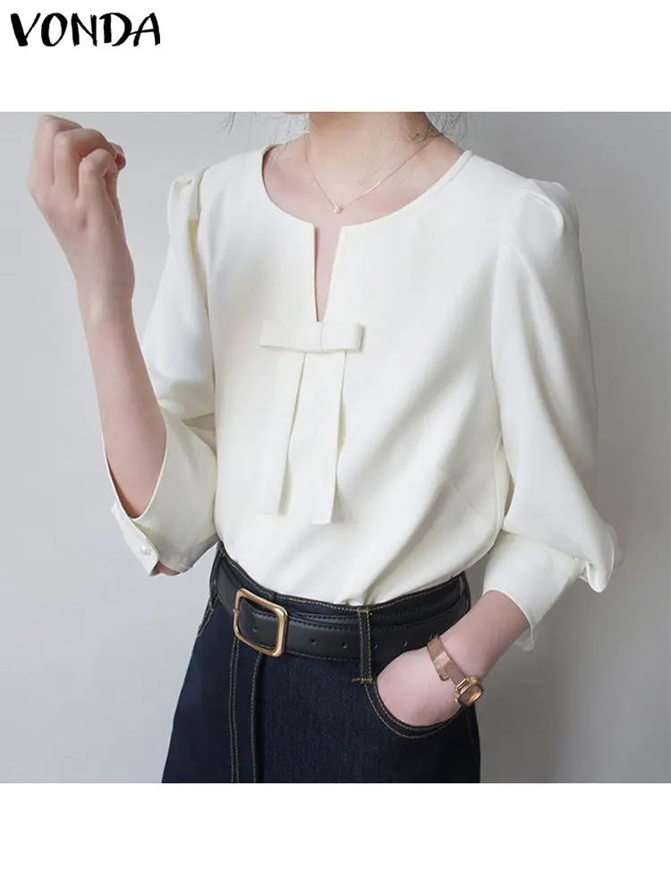 

VONDA Women Fashion Shirts 2023 3/4 Sleeve Solid Color Casual Shirts Female Office Lady Elegant Tops Loose Party Tops Femininas