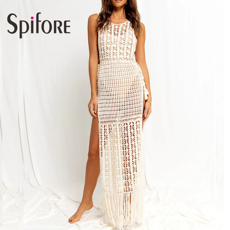 

Spifore New Fashion Tassel Long Dress For Women Summer Crochet Knitted Hollow Out Sexy Cover Ups Swimsuits Beach Wear Outfits