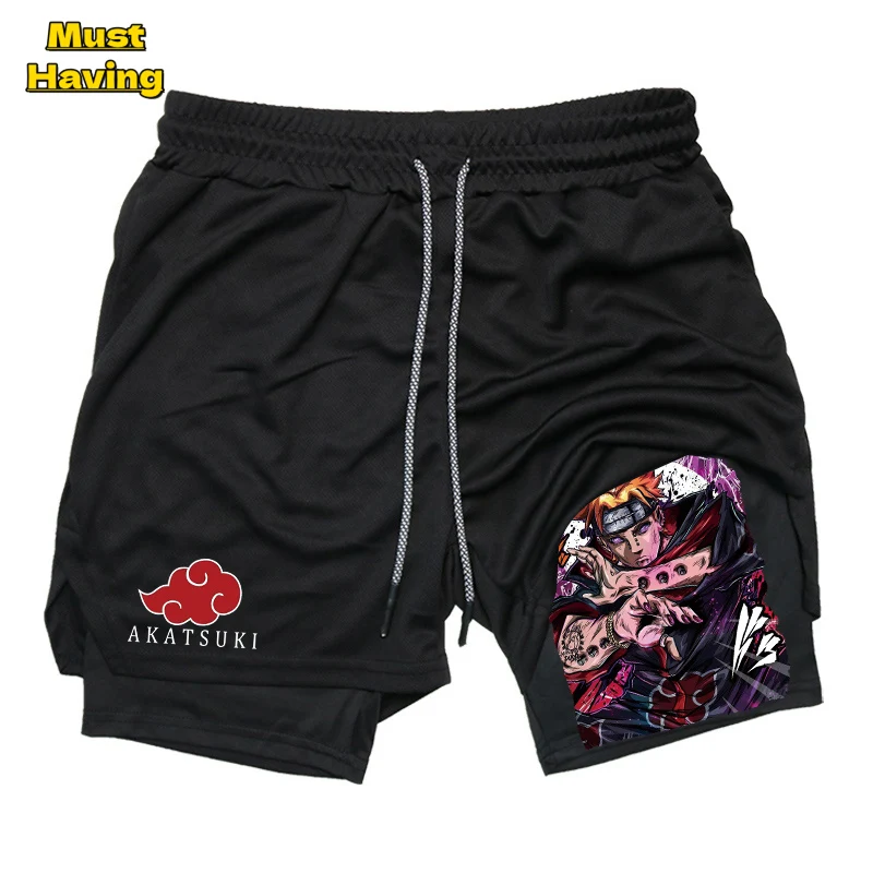 

2 in 1 Performance Gym Shorts for Men Athletic Workout Fitness Running Compression Shorts with Towel Loop Pockets Anime Print