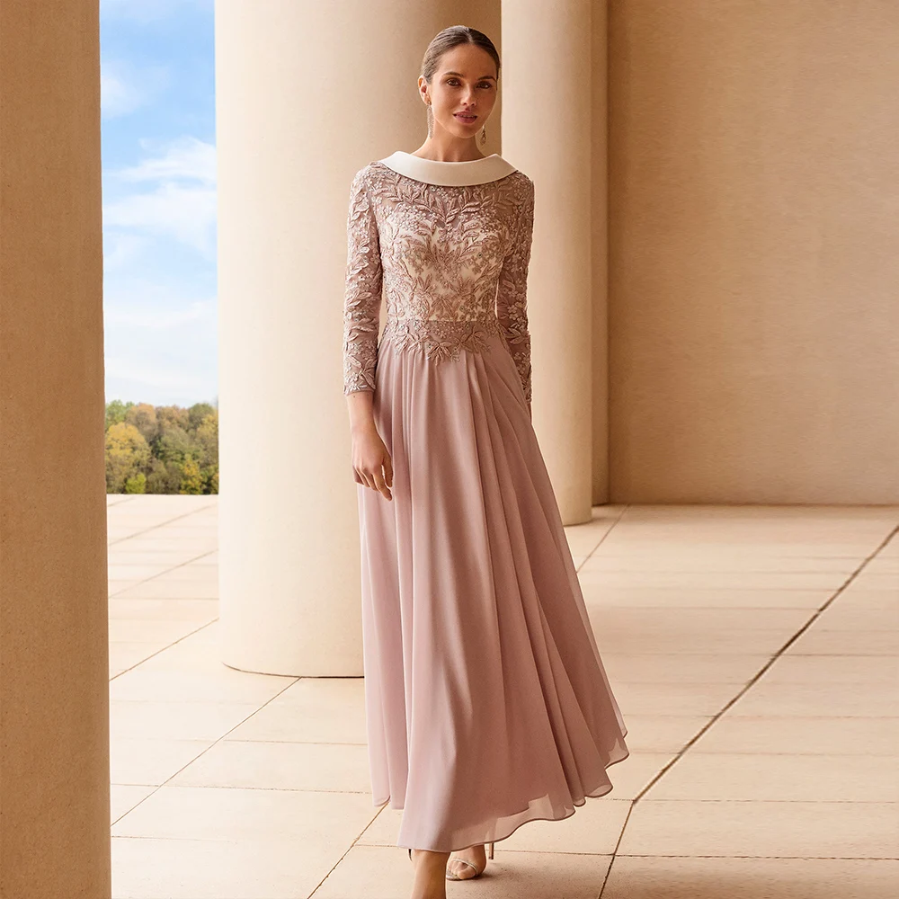 Elegant Chiffon Mother of the Bride Dresses O Neck 3/4 Sleeve Wedding Party Gowns Lace Appliquea A-Line Tea Length فساتين السهرة
Elegant Chiffon Mother of the Bride Dresses O Neck 3/4 Sleeve Wedding Party Gowns Lace Appliquea A-Line Tea Length فساتين السهرة