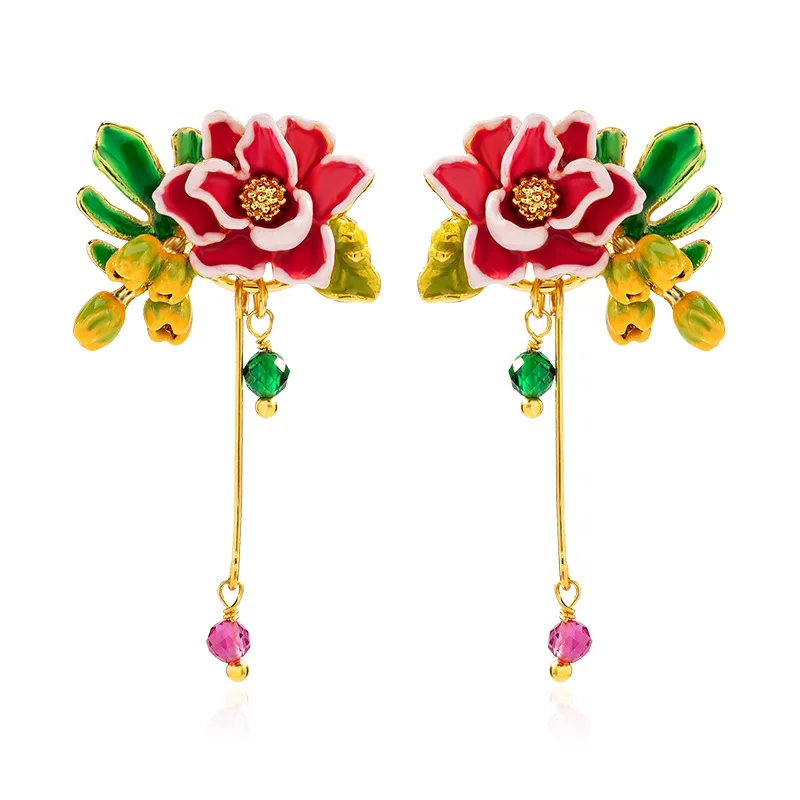 

New earrings new enamel red flower earrings long forest style earrings niche design ear clip without ear holes for women