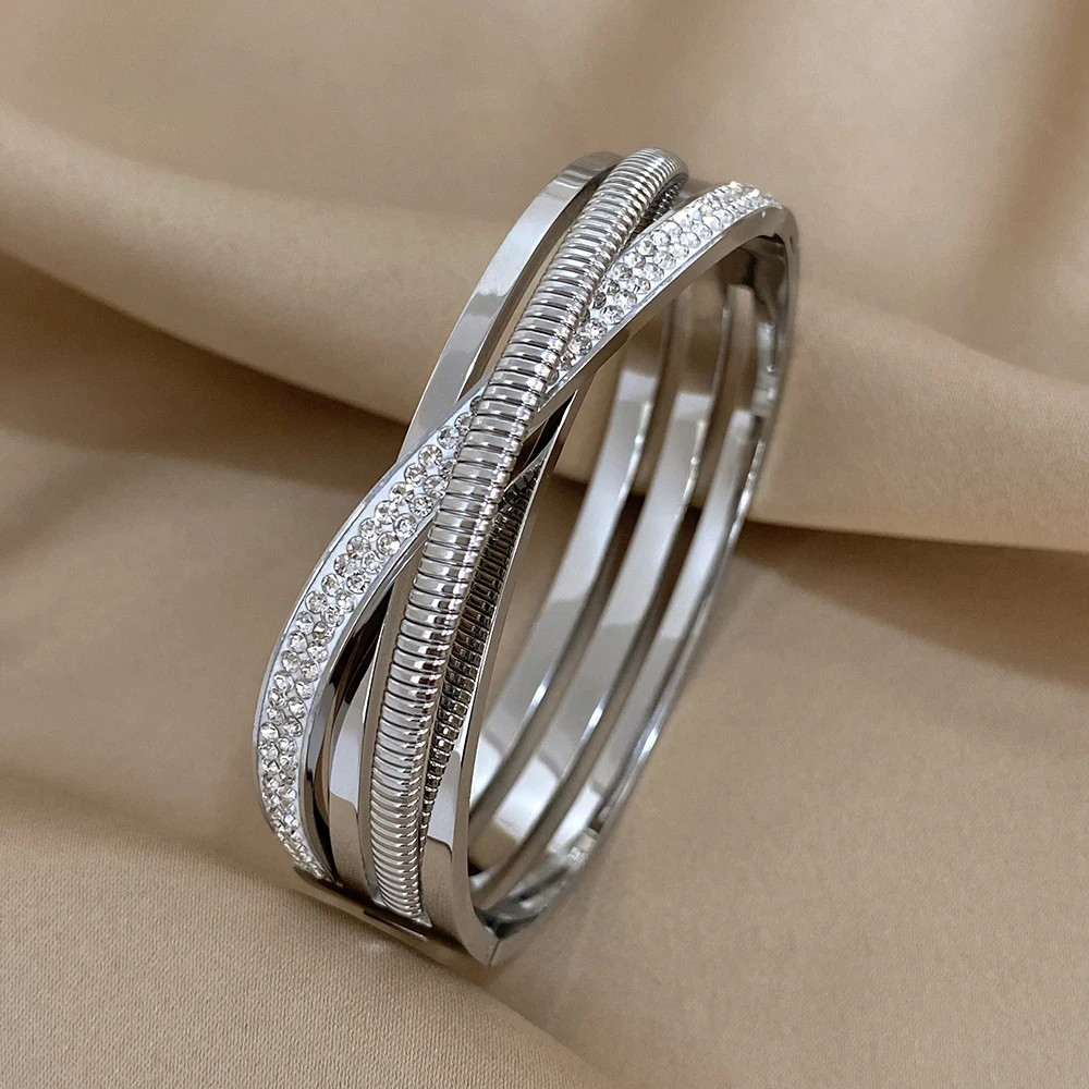 ALLYES New Winding Rhinestone Elastic Chain Gold Silver Color Stainless Steel Bangles Bracelets for Women Fashion Accessories ALLYES New Winding Rhinestone Elastic Chain Gold Silver Color Stainless Steel Bangles Bracelets for Women Fashion Accessories