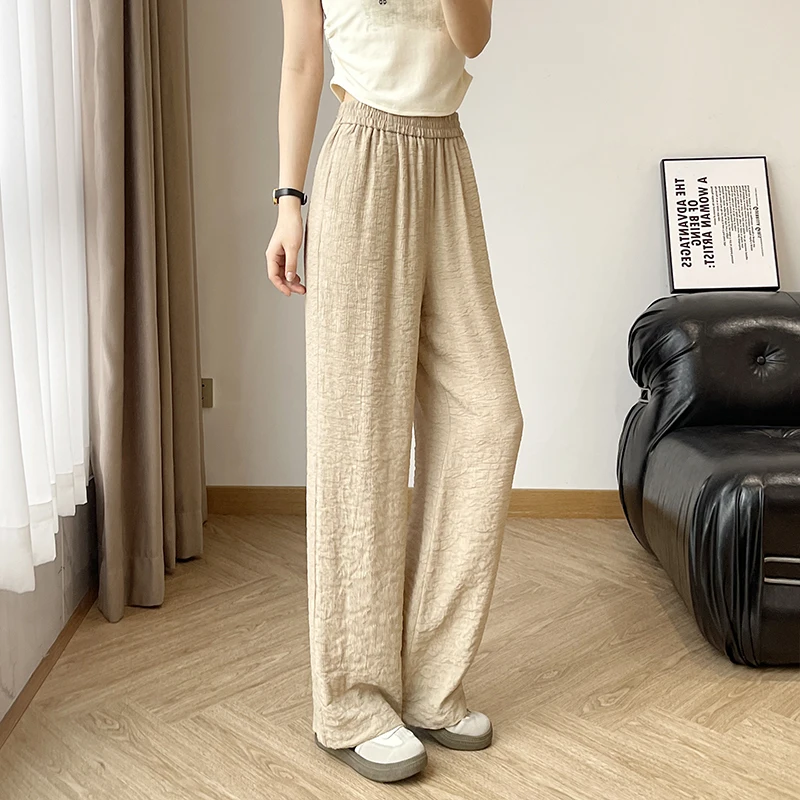 

2024 Spring Fashion Wide Leg Pants Women Loose Elastic Waist Palazzo Vintage Solid Pantalon Casual Long Trousers