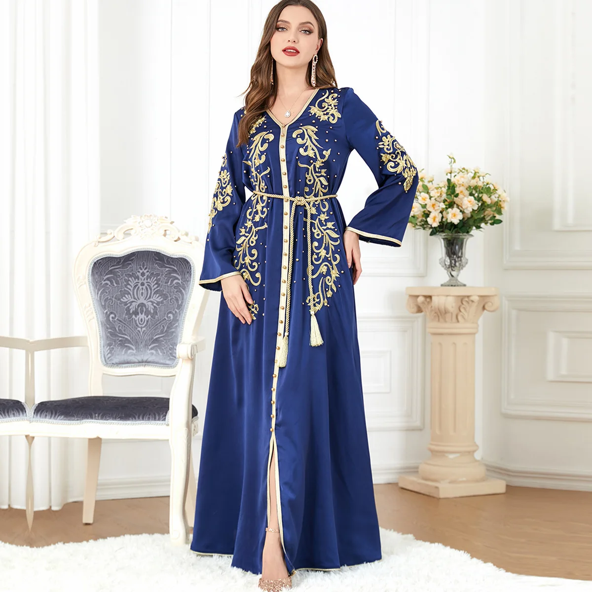 

Muslim Dress Middle Eastern Arabian New V-neck Long Sleeve Turkish Abayas for Women Moroccan Kaftan Vestidos Largos