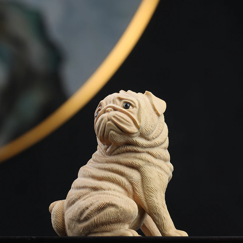 

Boxwood 6cm Pug Dog Sculpture Wood Carving Puppy Animal Statue Lucky Dog Home Decor