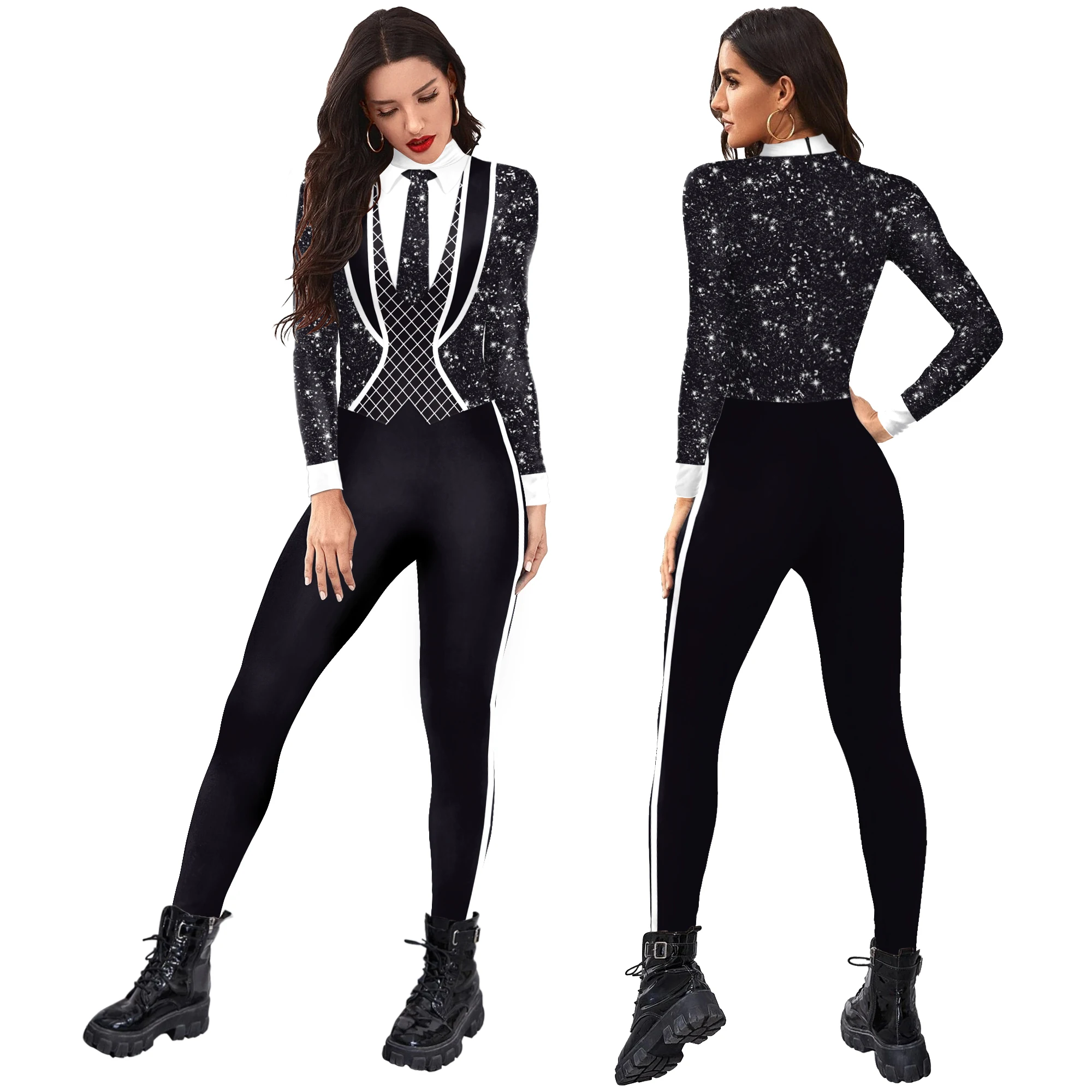 

Formal Pants Suit Black and White Printed Spandex Catsuit Cosplay Carnival Party Fake Lapel Tie Zentai Cosplay Jumpsuit Dating