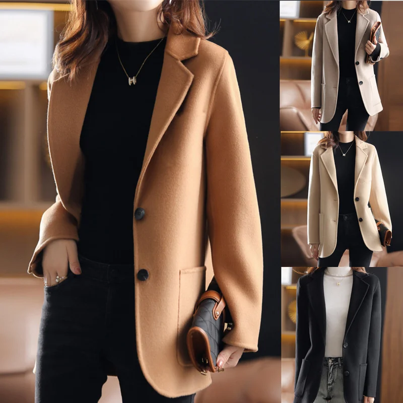 

Осень-зима 2023, шерстяное пальто, женский костюм, куртка, однотонный однобортный Повседневный блейзер с карманами, женская верхняя одежда цвета хаки верблюжьей расцветки