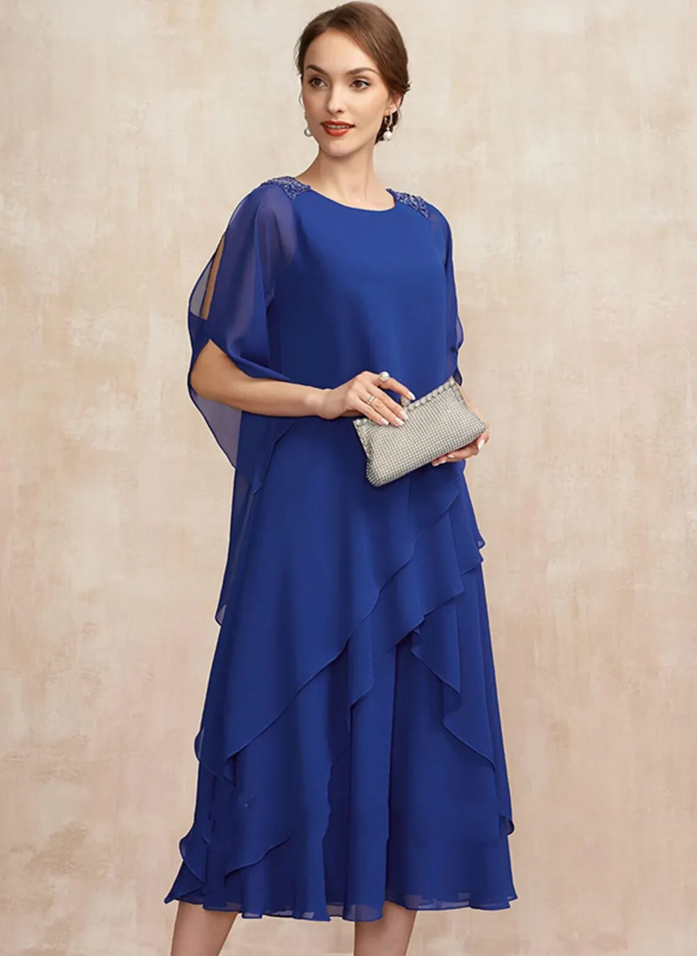 

Elegant Mother of the Bride Dresses Royal Blue Scoop Tea-Length Chiffon Beading Ruffles Party Gowns vestidos para madre de novia