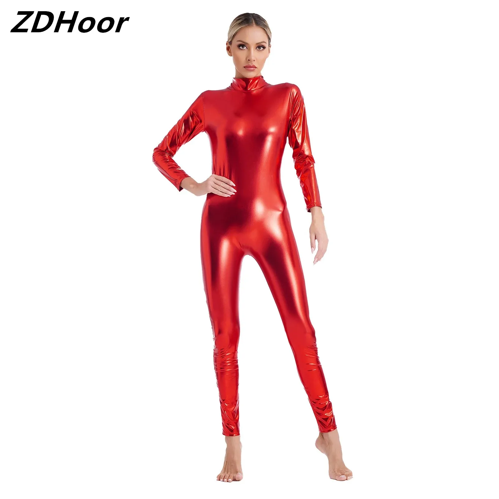 

Womens Metallic High Neck Unitard Shiny Slim-Fit Jumpsuit Long Sleeve Bodysuit Zipper Back Catsuit Dancewear