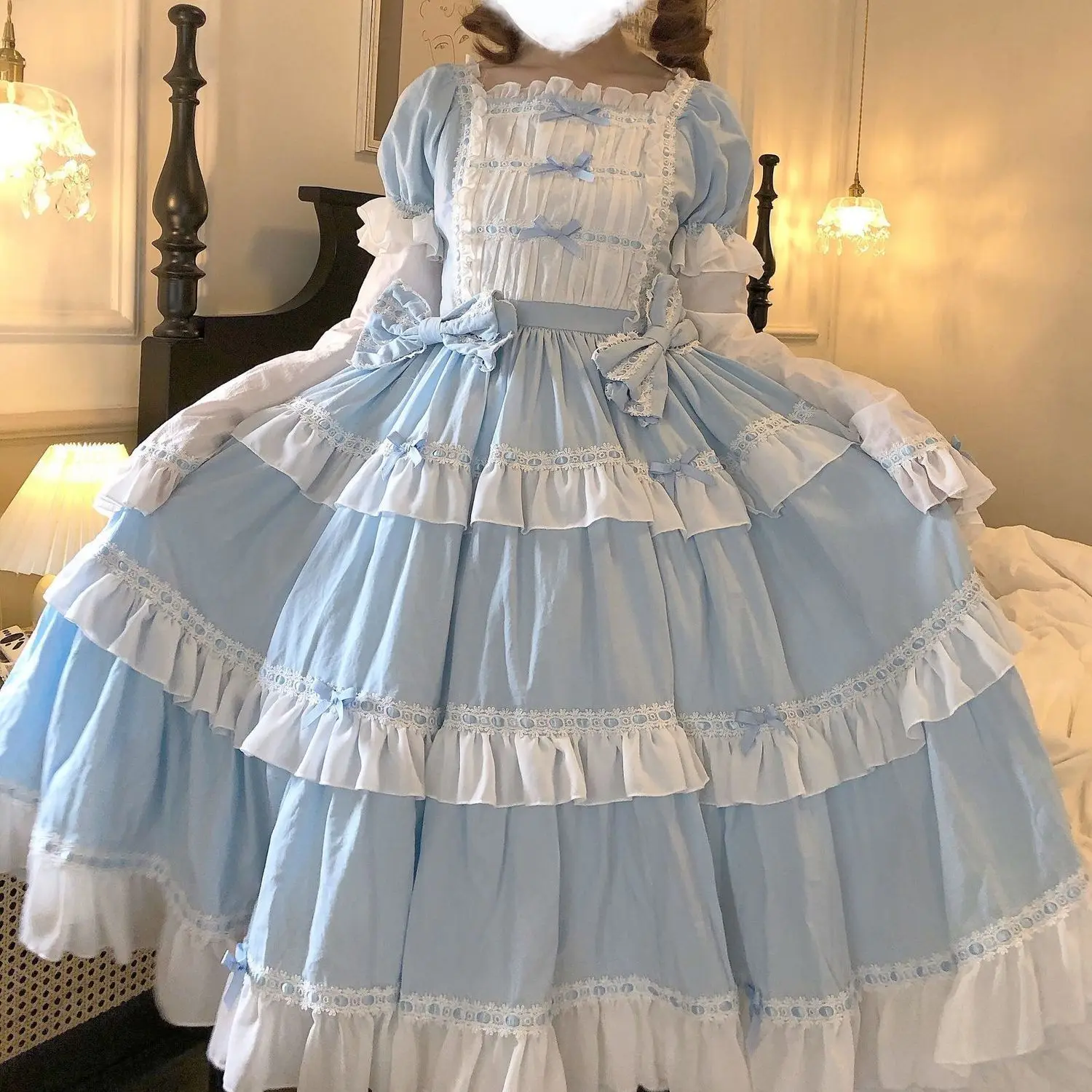 

Coalfell Original Genuine Design Dress Princess Lolita Dress Blue White OP Spring Autumn Mid length Female Lolita