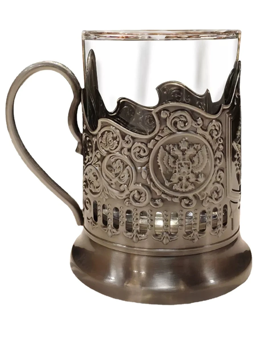 

Drinking hot tea glass metal cup holder folk crafts Sell Custom logo old-fashioned podstakannik russian
