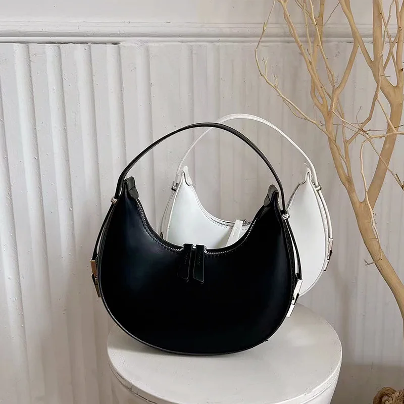 

2023 Fashion Half Moon Hobo Bag for Women Soft Solid Colour PU Leather Design Ladies Shoulder Bag Double Zipper Armpit Handbag