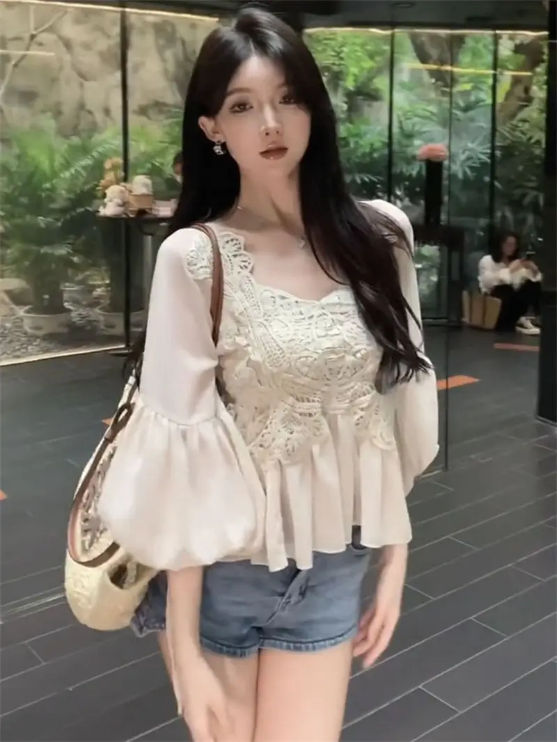 

Korean Blouse Women Clothing V-neck Lantern Sleeve Patchwork Lace Shirts Vintage Summer Blouses Tops 2024 Blusas De Mujer