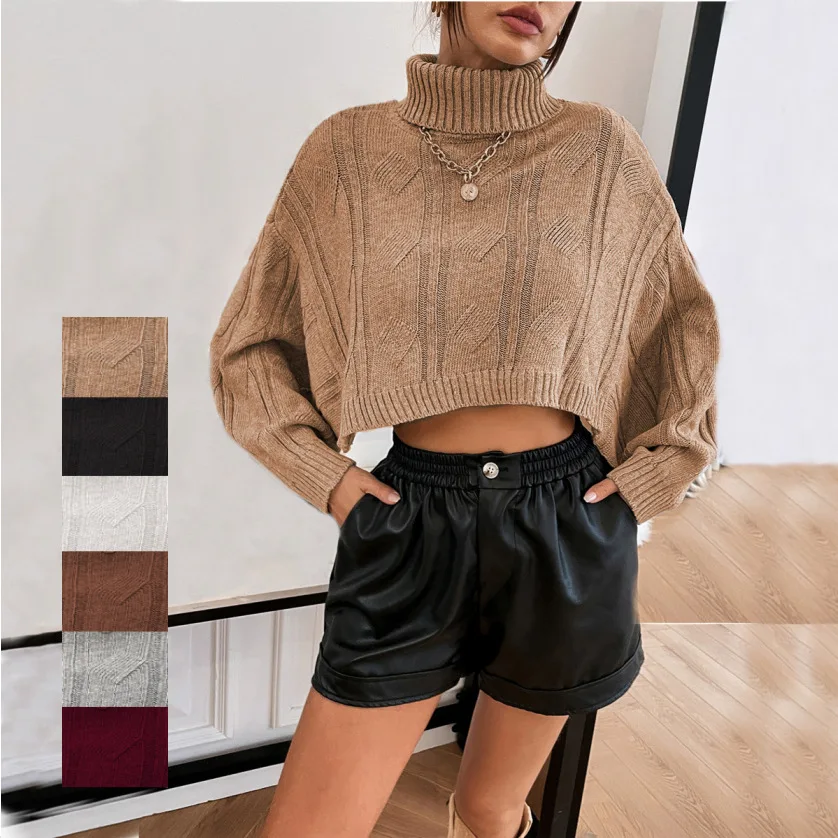 

Autumn and Winter 2024 New Fashion Split Bat Sleeve Fried Dough Twists High Neck Shorts Exposed Umbilical Sweater Women