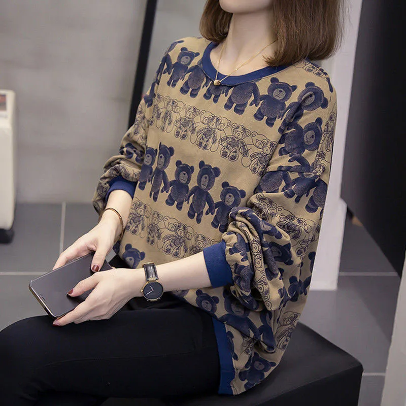 

2023 NEW Autumn Plush Thickened Casual Fashion Bear Pattern Round Neck Versatile Loose Size Gold Classic Fashion Women's Sweater