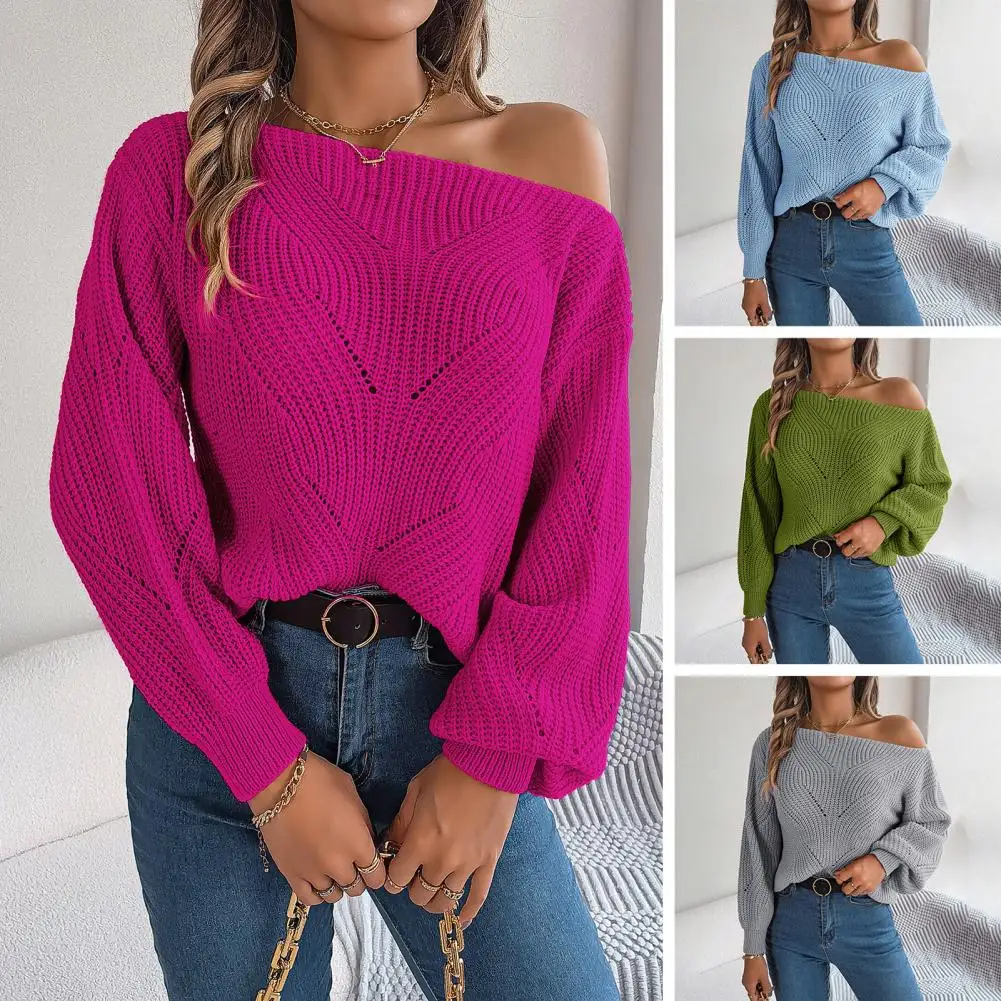 

Women Stretchy Sweater Stylish Women's Fall Winter Sweater One Shoulder Knitted Pullover with Lantern Sleeve Hollow Sweater