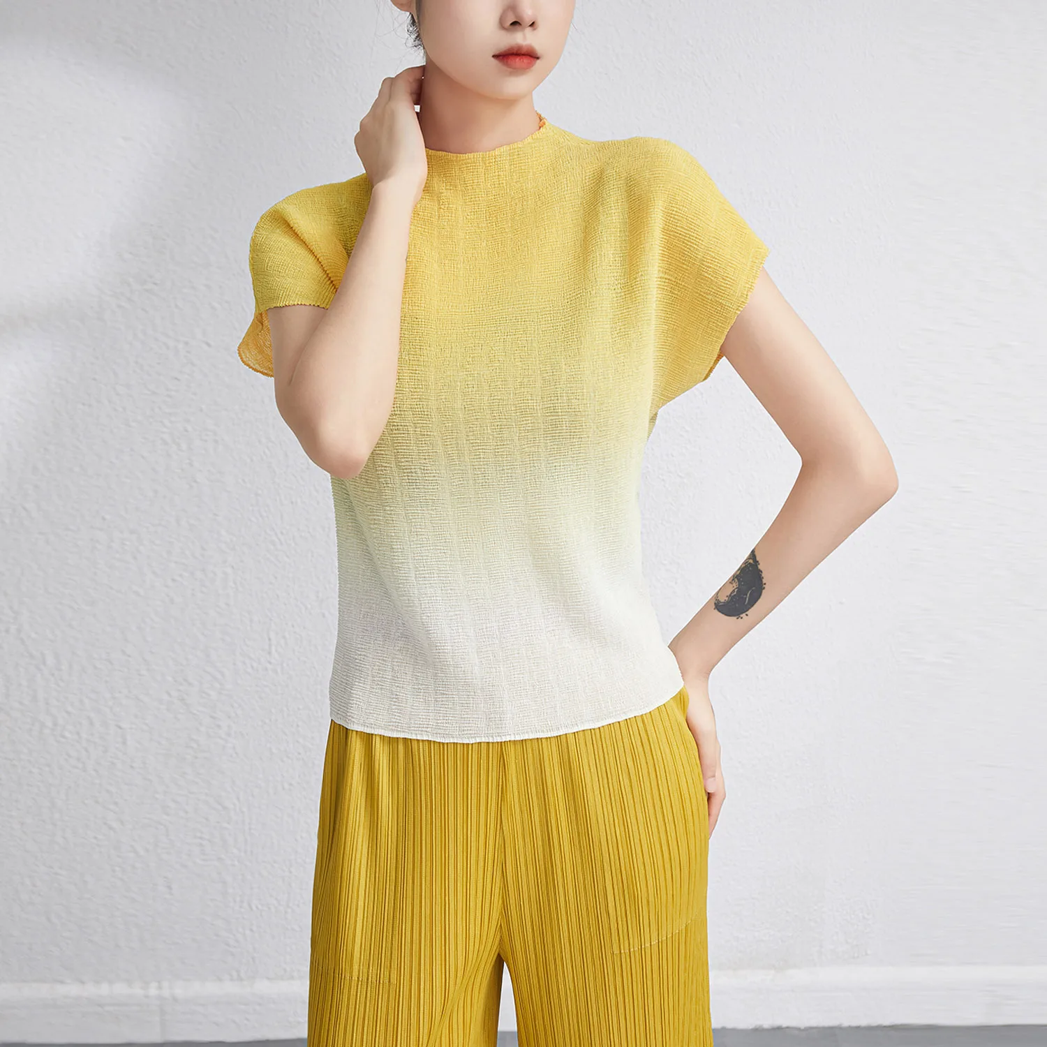 

Miyake Style Corn Pleats Top Half Turtleneck Short-Sleeved T-shirt 2023 Summer Large Size Loose Gradient Design Commuter Shirt