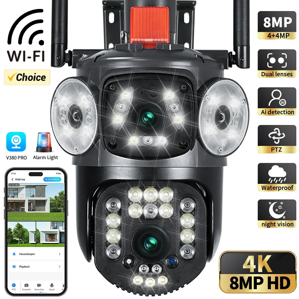 

4K 8MP HD Wifi PTZ Camera Outdoor 4MP Dual Lens Dual Screen AI Auto Tracking IP Camera CCTV Audio Video Surveillance P2P V380