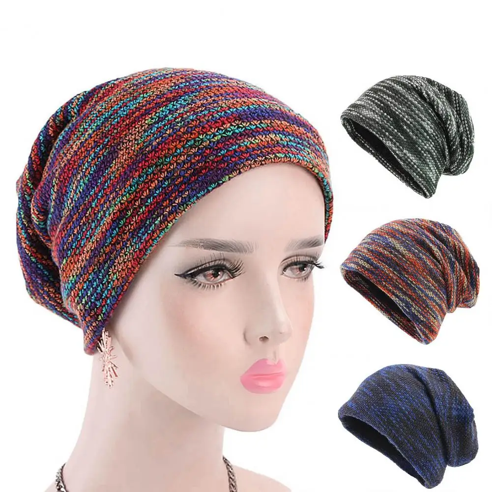 

Striped Knitting Pile Hat Brimless Thickened Fleece Lining Knitted Hat Unisex Winter Colorful Striped Riding Knitted Beanie Hat