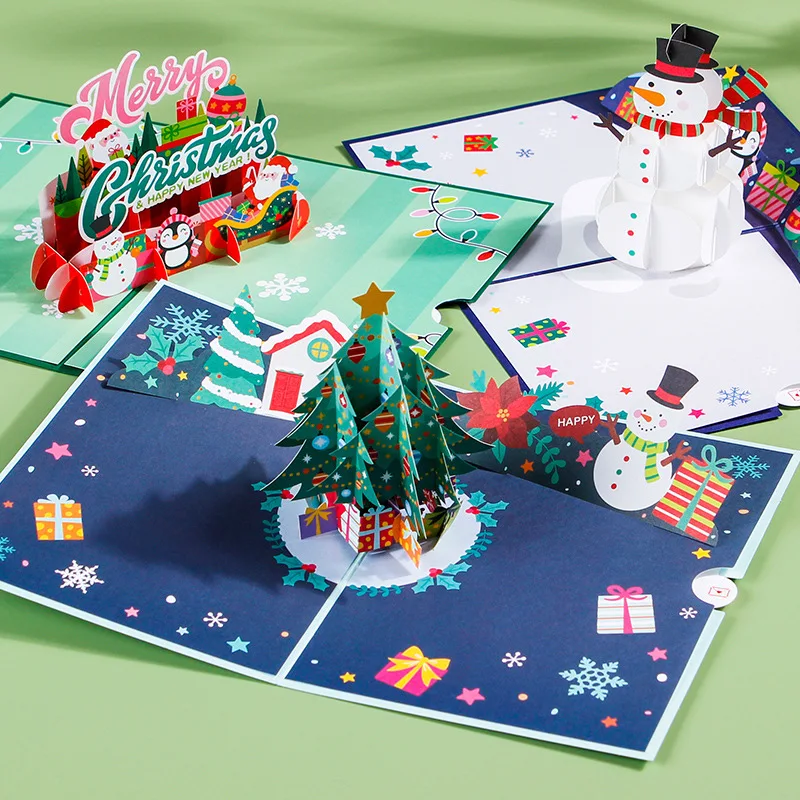 

Merry Christmas Card 3D Xmas Pop Up Greeting Cards Gift for Winter Holiday New Year Snowman Christmas Tree Card with Envelope