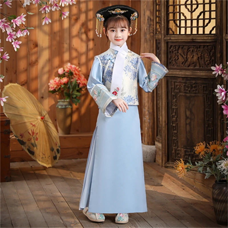 New Children Blue Floral Embroidery Hanfu Traditional Chinese Stage Dress Dance Qing Dynasty Costume
New Children Blue Floral Embroidery Hanfu Traditional Chinese Stage Dress Dance Qing Dynasty Costume