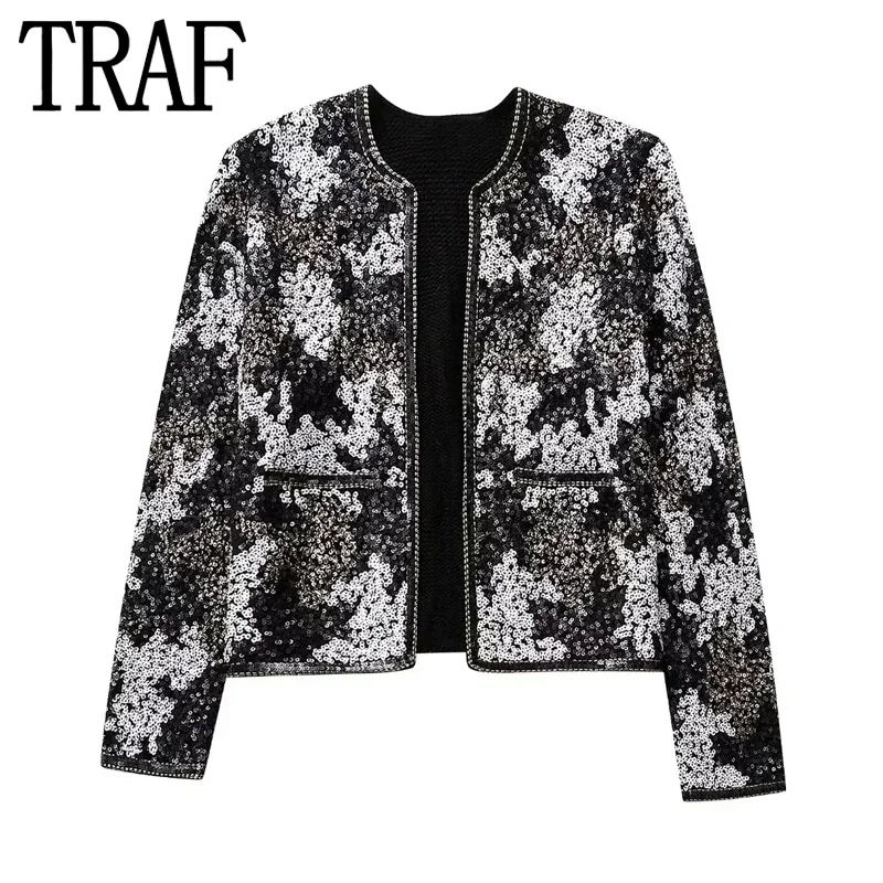 

TRAF Print Sequin Cropped Jacket Women Luxury Chic And Elegant Woman Jacket Glitter Cardigans For Women Long Sleeve Short Coats