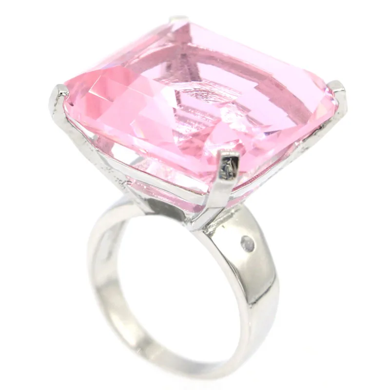 

22x22mm Super Big Gemstone 12.8g Pink Kunzite Ladies Engagement Silver Rings Eye Catching