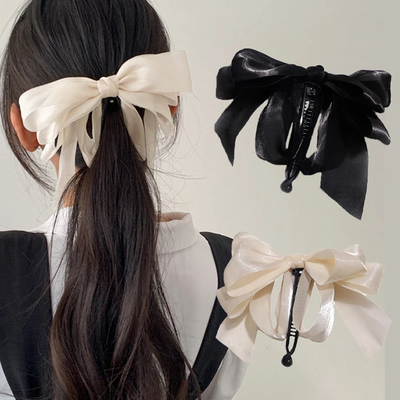 

Summer Organza Bow Ribbon Hair Claw Banana Clip Black/Beige Fashion Women Hairpin High Horsetail Clip Headwear for Girls