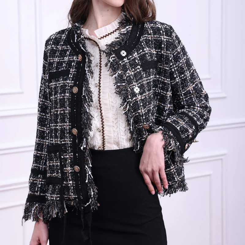 

Coarse tweed jacket for women's spring and autumn new suit V-neck elegant tassel jacket with high-end design lace decoration tre