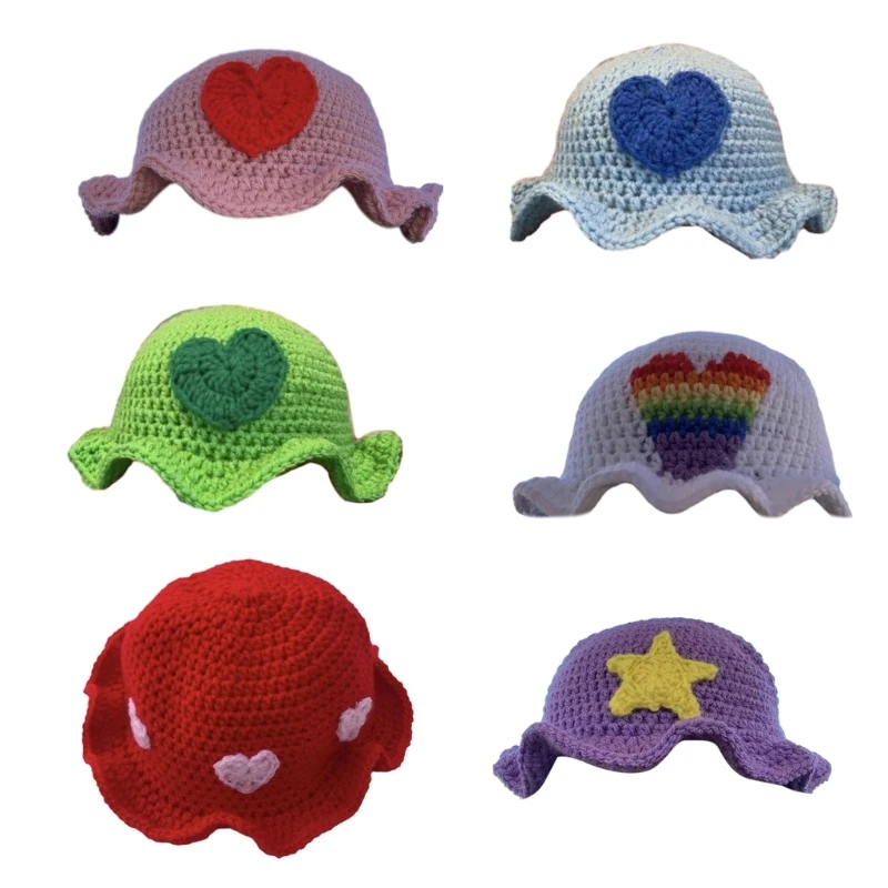 

Sweet Girls Crochet Heart Waved Brim Bucket Hat Ladies Fisherman Cap Color Matching Teens Winter Windproof Hat
