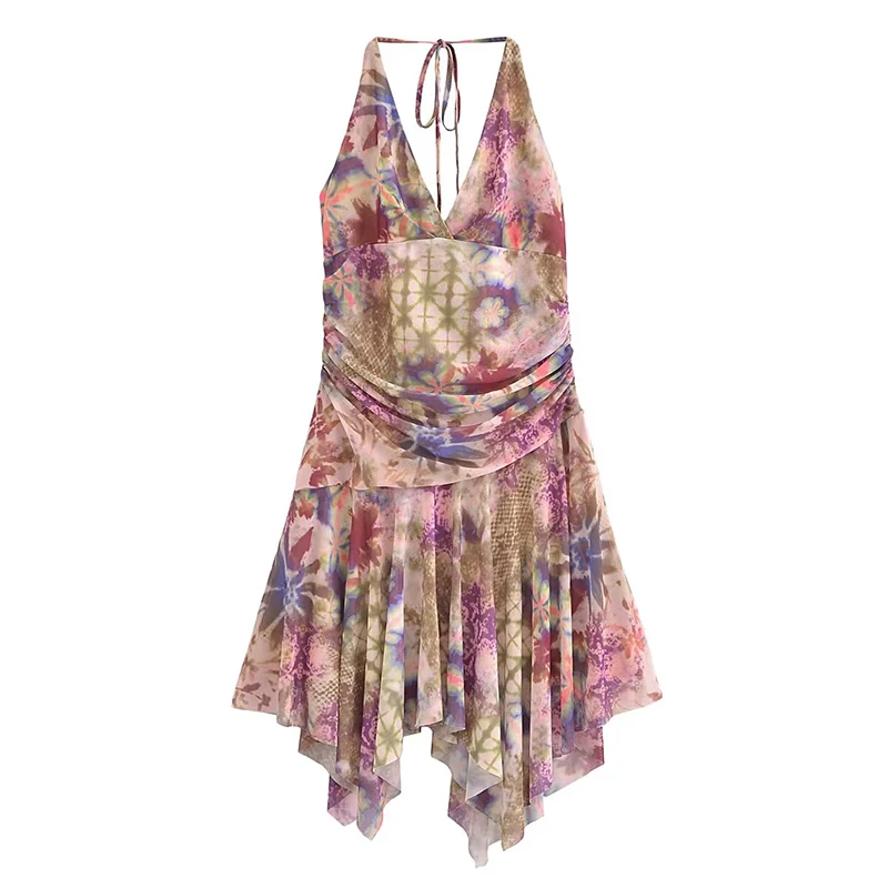 Женское винтажное мини-платье с цветочным принтом, асимметричное Сетчатое платье-трапеция с открытой спиной и рюшами на талии, Пляжное Платье для отдыха, лето 2024 
Женское винтажное мини-платье с цветочным принтом, асимметричное Сетчатое платье-трапеция с открытой спиной и рюшами на талии, Пляжное Платье для отдыха, лето 2024