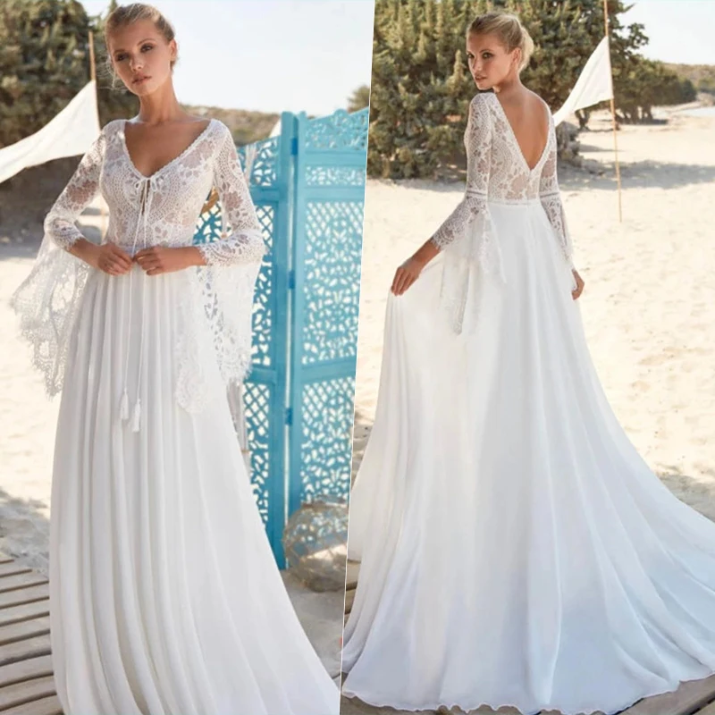 Boho A-Line V-Neck Wedding Dress Elegant Half Sleeve Lace Appliques Chiffon Bridal Dress Backless Train Robe De Mariee
Boho A-Line V-Neck Wedding Dress Elegant Half Sleeve Lace Appliques Chiffon Bridal Dress Backless Train Robe De Mariee
