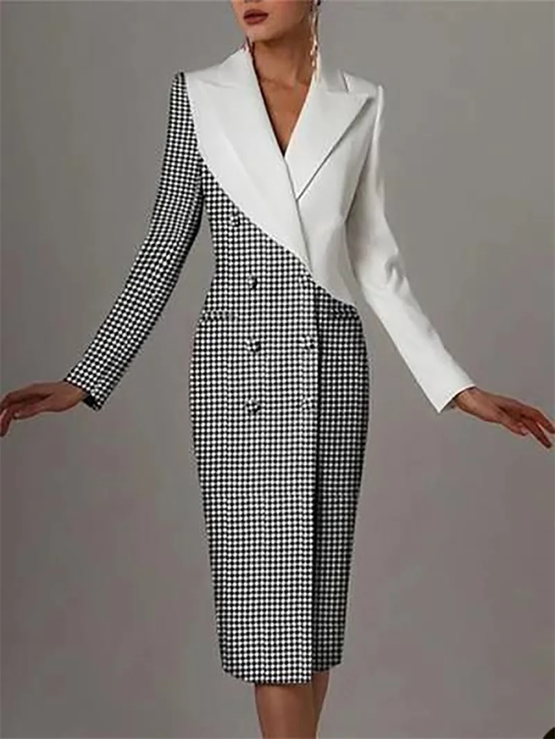 

Long Houndstooth Women Suit Blazer Prom Dress Splicing Color Formal Office Double Breasted Evening Gown Customize Jacket Coat