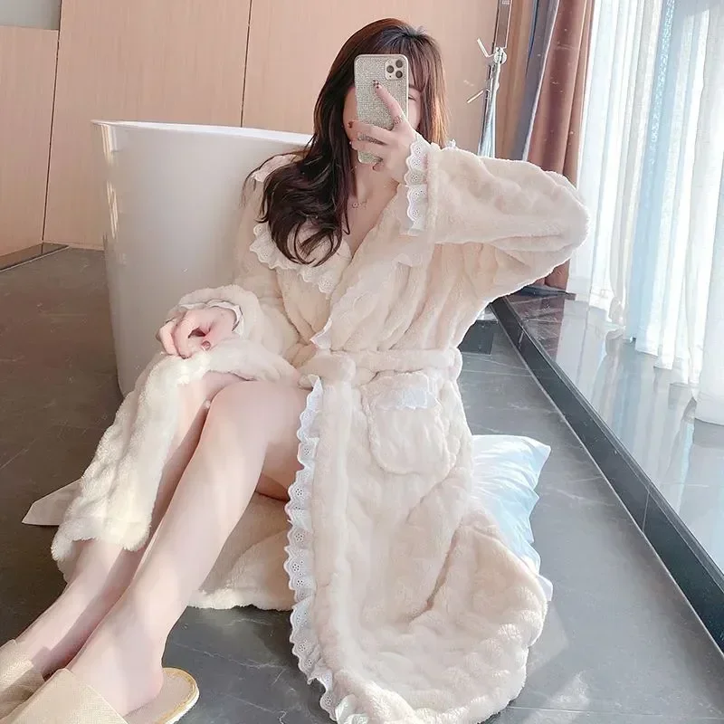 

Nightdress Belt Sleepwear Lace Wear Homewear Japanese Sleeve Women Fleece Pajama Robe Solid Winter Long Warm For Night Nightgown