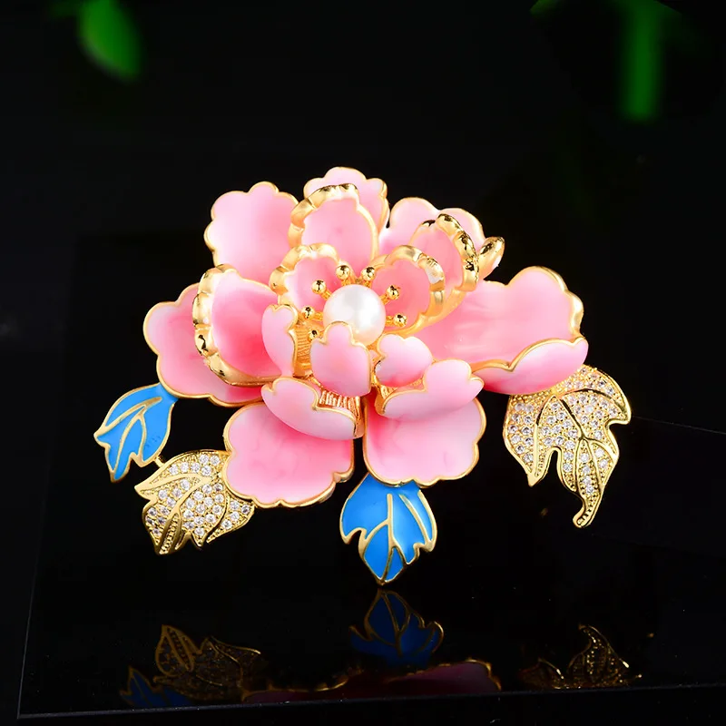 

Rich Peony Flower Brooches for Women Elegant Enamel Hand-painted Freshwater Pearl Zirconium Corsage Dress Cheongsam Pin Jewelry
