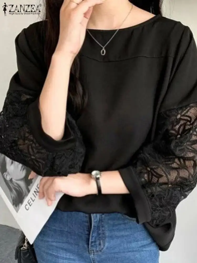 

ZANZEA Fashion Hollow Out Design Woman Casual Lace Crochet Blouse Eegant Solid Shirt Long Sleeve Chemise OL Work Loose Tops 2023