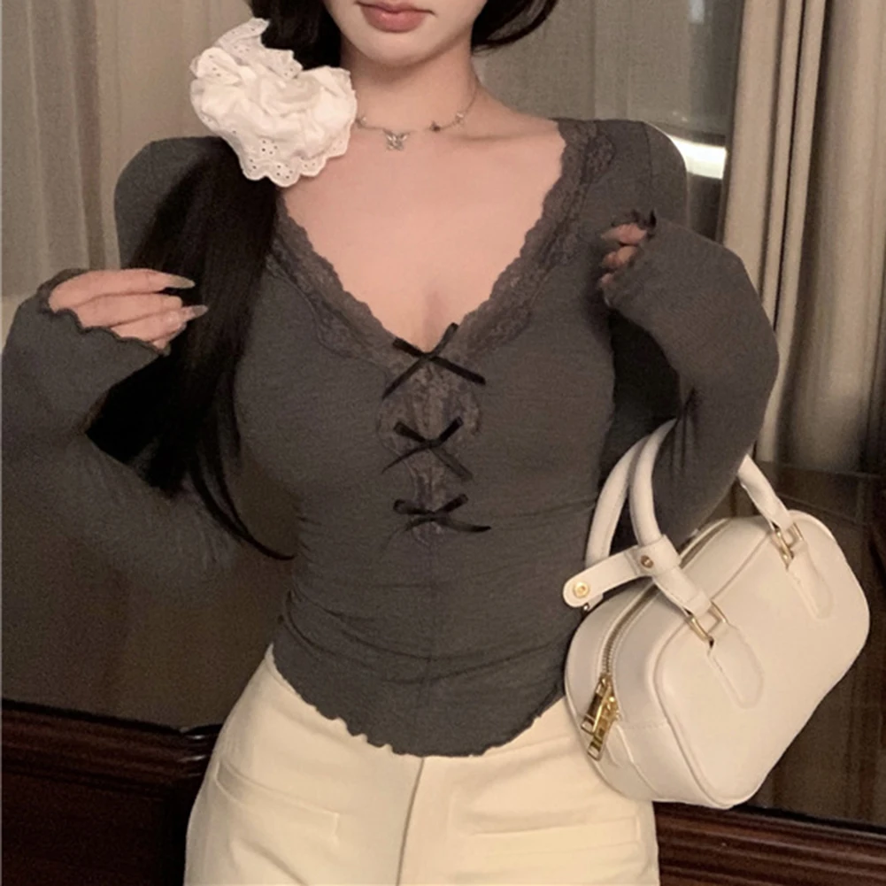 Lace Bow V-neck Sexy Women T-shirt Long Sleeve Slim Tight Bottom Shirts Crop Tops Korean Solid Tees For Girls
Lace Bow V-neck Sexy Women T-shirt Long Sleeve Slim Tight Bottom Shirts Crop Tops Korean Solid Tees For Girls