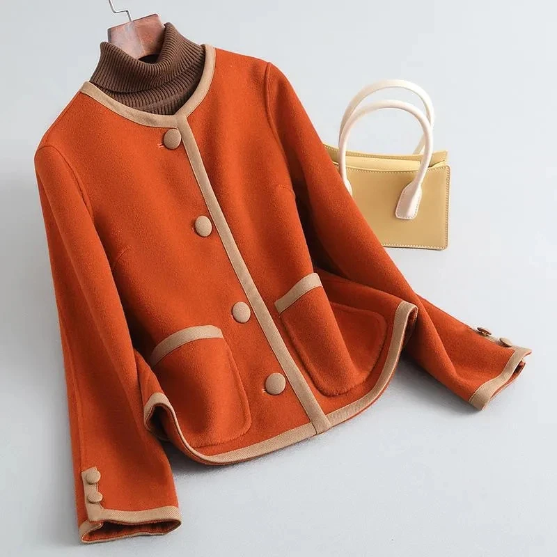 

Женское двухстороннее шерстяное пальто, повседневное короткое однобортное пальто с круглым вырезом, весна-осень 2024