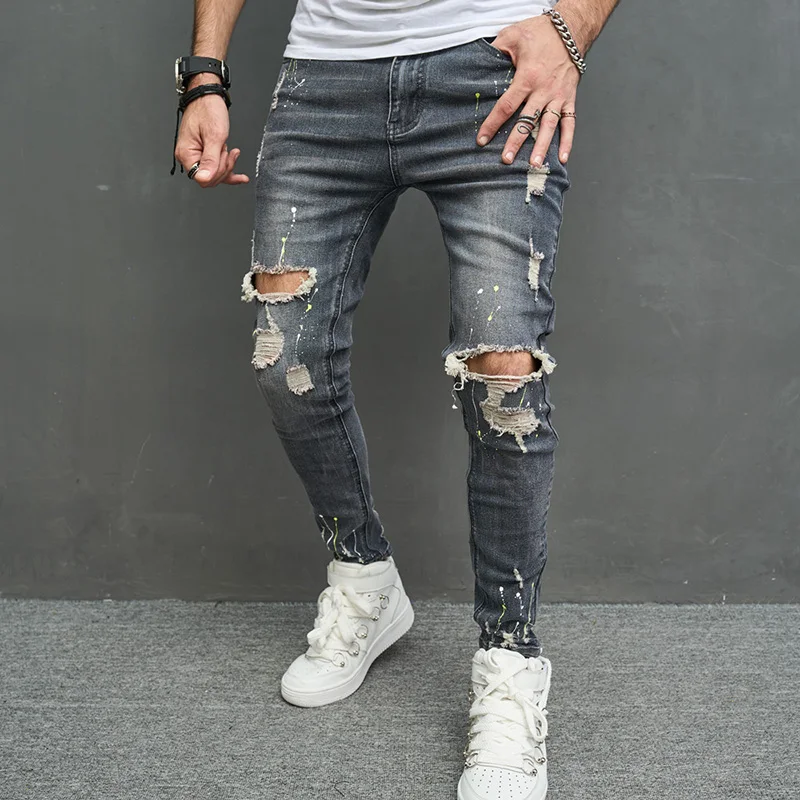 

Men's Skinny jeans Casual Slim Painted Colorful Bleached Biker Jeans Denim Knee Hole hiphop Ripped Pants Washed 12B01